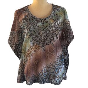 Investments Women's Size‎ Medium Boho Chic Lace Overlay Kimono Top Earthy tones